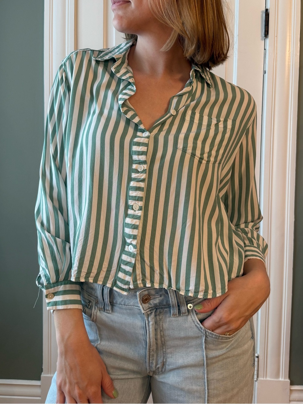 Striped Button-Front Shirt - Green & White